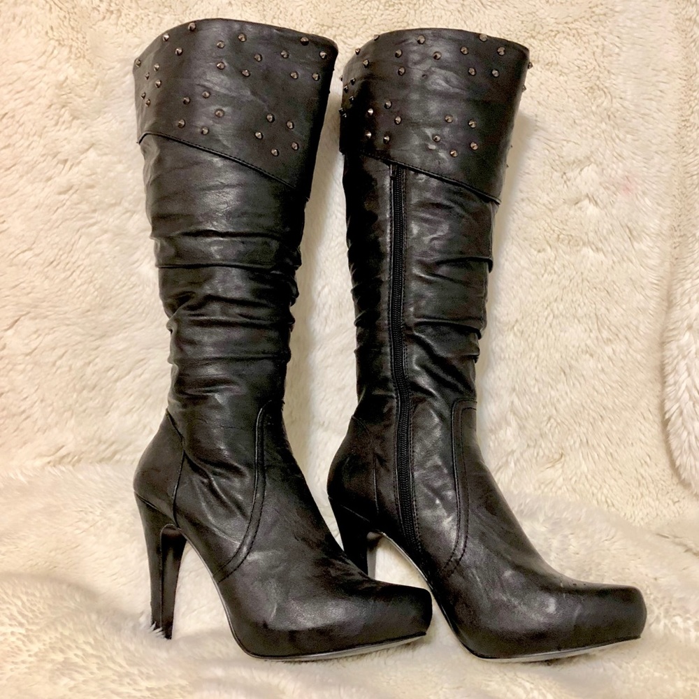 Black Studded Knee High Boots